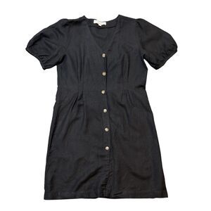Black Pleated Button Down Puff Sleeve Linen Blend Dress Size 10